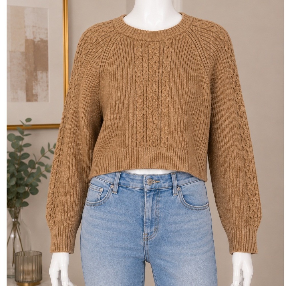 LOFT Womens Sweater Camel‎ Brown Cable Knit Raglan Sleeve Small